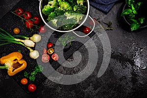 Kitchen Counter with Fresh Vegetables. Healthy Food Background. Recipe or Product Placement Template. Top View