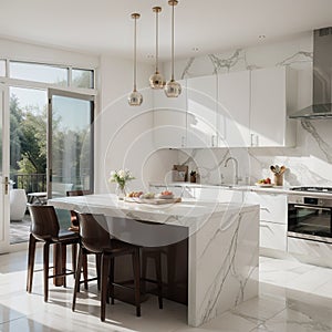 a kitchen counter with marble surface with good daylighting from uncovered window. Suitable for food or home appliances display