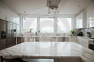a kitchen counter with marble surface with good daylighting from uncovered window. Suitable for food or home appliances display