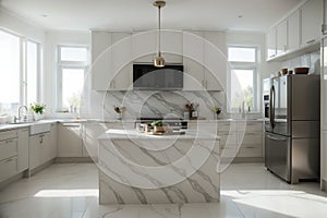 a kitchen counter with marble surface with good daylighting from uncovered window. Suitable for food or home appliances display