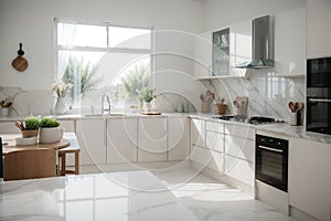 a kitchen counter with marble surface with good daylighting from uncovered window. Suitable for food or home appliances display