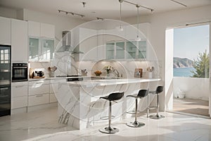 a kitchen counter with marble surface with good daylighting from uncovered window. Suitable for food or home appliances display
