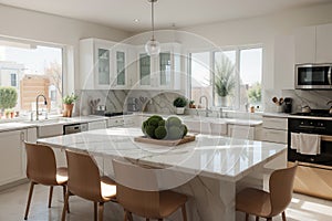 a kitchen counter with marble surface with good daylighting from uncovered window. Suitable for food or home appliances display