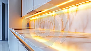 A kitchen counter with a marble top and some lights, AI