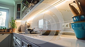 A kitchen counter with a pot on it and some pots in the sink, AI