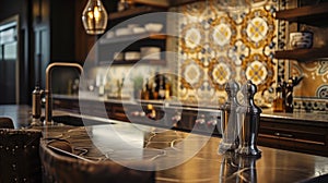 A kitchen counter with a sink and two silver spoons, AI