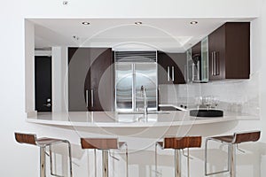 Kitchen with counter and stools