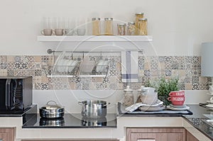 Kitchen counter with utensil prepared for cooking