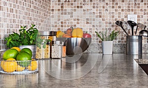 Kitchen countertop with food ingredients and herbs