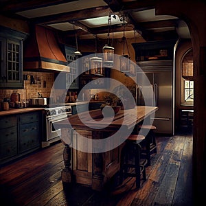 kitchen in a country house is made in a rustic style