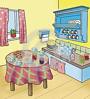 Kitchen cozy vintage cartoon kitchen with a set table with pie and cups and jam.