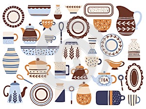 Kitchen crockery. Ceramic cookware, porcelain cups and glassware jar. Kitchen tableware isolated flat items vector set