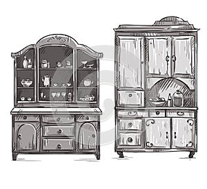 Kitchen cupboards, hand drawn