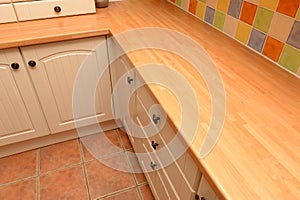 Kitchen cupboards and worktop photo