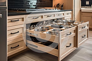 a kitchen with custom built-in storage for pots, pans and utensils