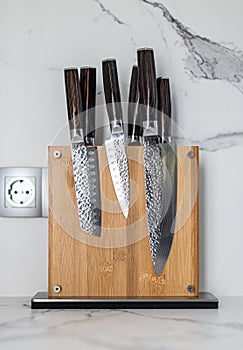 Kitchen Damascus Knife set on holder