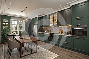 Kitchen with dark green wall