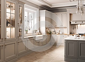 Kitchen decor, modern country interior design, classic English in frame kitchen cabinets, countertop and applience in a country