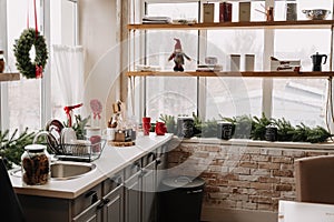 Kitchen Decorated Christmas Pine Tree Branches