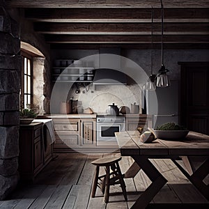kitchen design in a country house materials natural stone natural wood