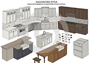 Kitchen design illustration featuring multiple cabinetry styles labeled 