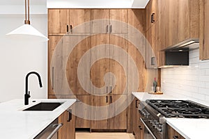 A kitchen detail with wood cabinets and white marble countertop.