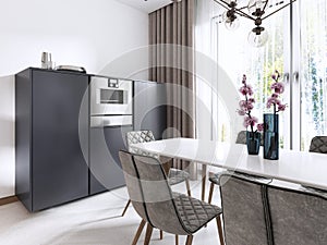 Kitchen-dining room contemporary style in white and gray with large windows and built-in appliances in the furniture