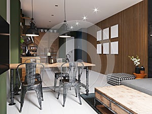Kitchen with a dining room in a modern hipster style with a combination of wood and metal in the interior