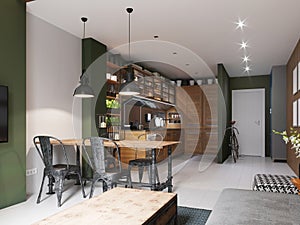 Kitchen with a dining room in a modern hipster style with a combination of wood and metal in the interior