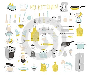 Kitchen doodle vector icon set. For modern recipe card template set.