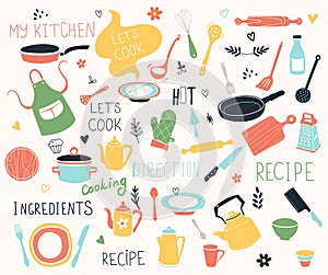 Kitchen doodle vector icon set. For modern recipe card template set for cookbook.