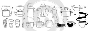 Kitchen doodles icon set. Hand drawn lines of kitchen items, dishes, cups and teapots. Vector illustration. Big