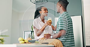 Kitchen, drink and black couple talking with kiss and love bonding together with food at home. Happy, support and