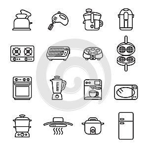 Kitchen electric appliances, household appliances icons set. Thin line style stock.