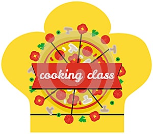 Kitchen emblem, food studio label. Masterclass on cooking pizza. Italian cuisine lessons concept