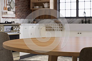 Kitchen with an emphasis on the surface of the kitchen table with a blurred background - a place to place products.