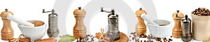 Kitchen equipment for grinding spices isolated on a white background. Panoramic collage. Wide photo.