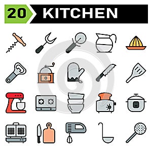 Kitchen equipment icon set include corkscrew, bottle, opener, wine, equipment, carving, carve, fork, kitchen, utensil, cutter,