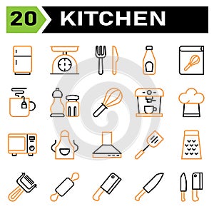 Kitchen equipment icon set include refrigerator, fringe, kitchen, equipment, scales, scale, weight, fork, knife, cutlery, bottle,