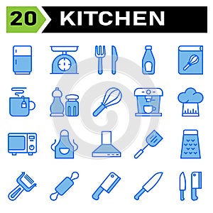 Kitchen equipment icon set include refrigerator, fringe, kitchen, equipment, scales, scale, weight, fork, knife, cutlery, bottle,