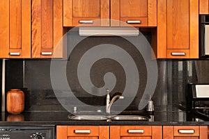 A kitchen faucet detail with wood cabinets and black countertop.