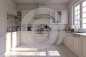 A kitchen featuring pristine white cabinets and white tile flooring, A 3D model of a pristine kitchen with all surfaces wiped down