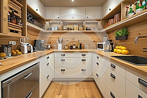 A kitchen featuring white cabinets and wood floors