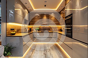 A kitchen featuring white cabinets and a wooden floor