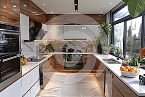 A kitchen featuring white lockers, nut-colored wooden cabinets, and marble countertops in a U-shaped layout