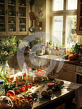 Kitchen filled with lots of different types of food on counter top. Generative AI