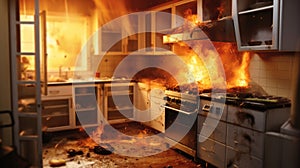 Kitchen fire, Fire raging in domestic kitchen
