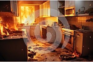 Kitchen fire, Fire raging in domestic kitchen