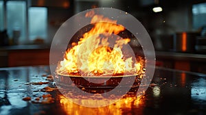 A kitchen fire with flames on a stove highlights the need for restaurant fire prevention