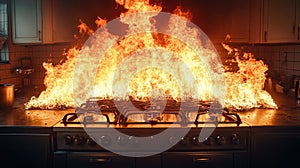 A kitchen fire with flames on a stove highlights the need for restaurant fire prevention